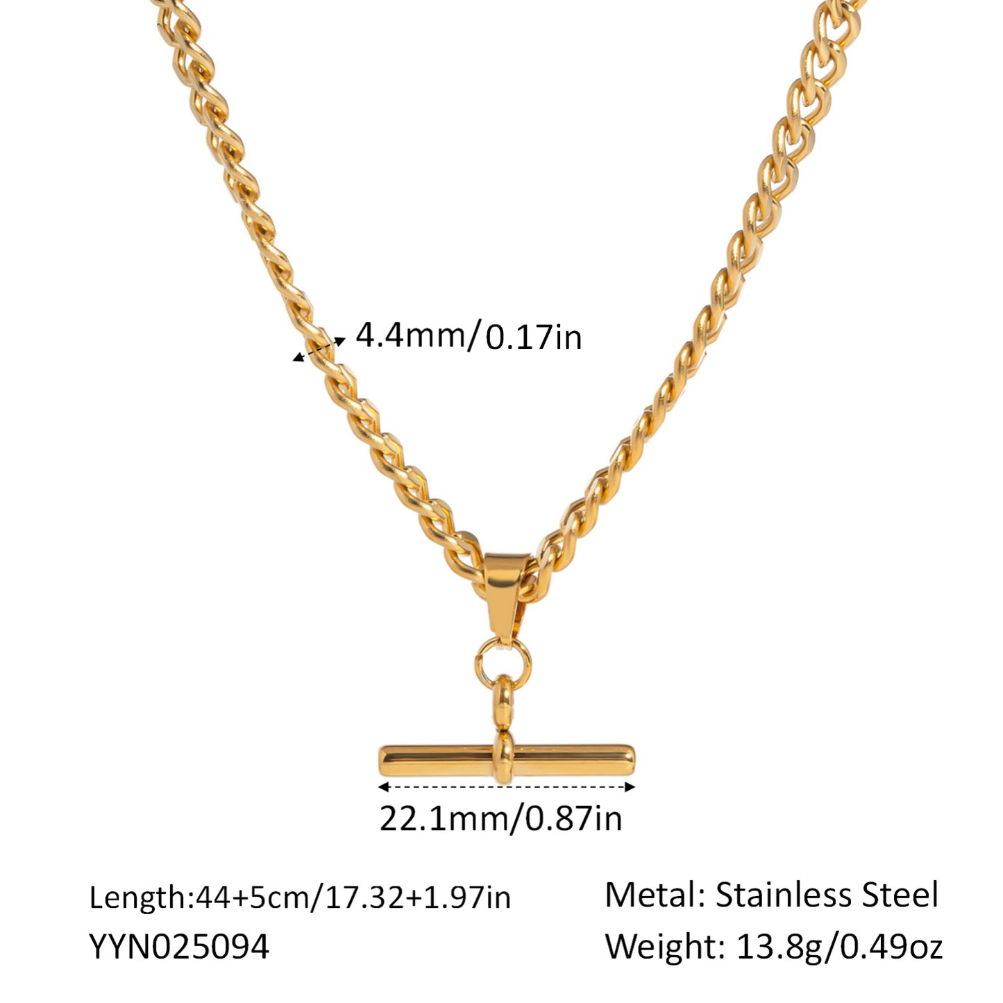Hip Hop Punk Stainless Steel T-Bar Pendant Fried Dough Twists Chain Cuban Chain Necklace