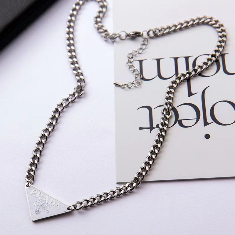 Fashionable Minimalist Letter Inverted Triangle Choker Necklace with Unique Design, Unisex Titanium Steel Chain