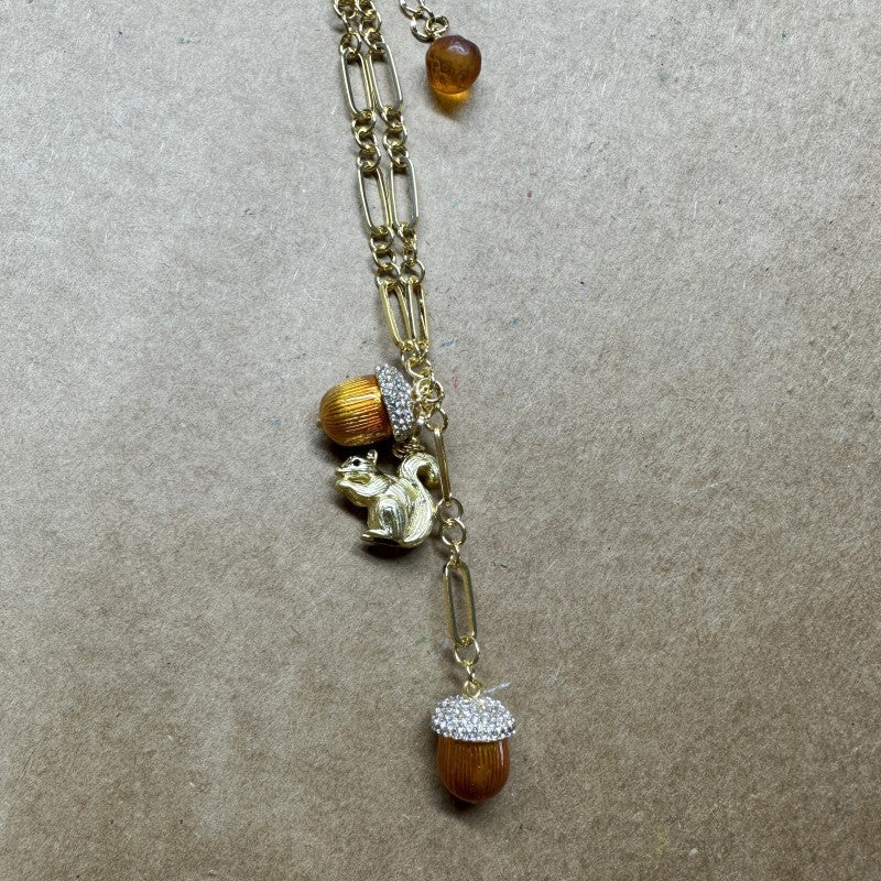 Vintage Rustic Squirrel Climbing Tree Orange Pinecone Necklace Animal Sweater Chain