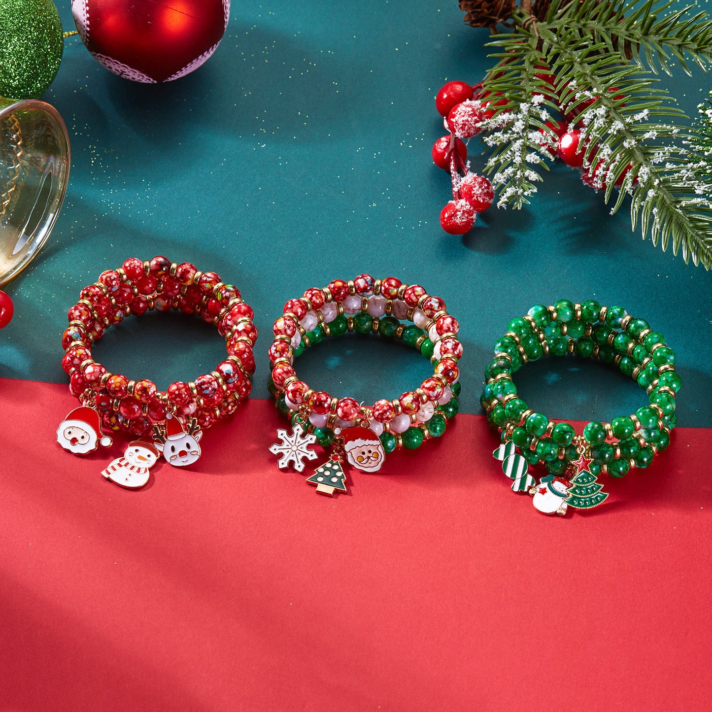 Creative Colorful Santa Claus Snowman Reindeer Beaded Stackable Bracelet Fashion Gift