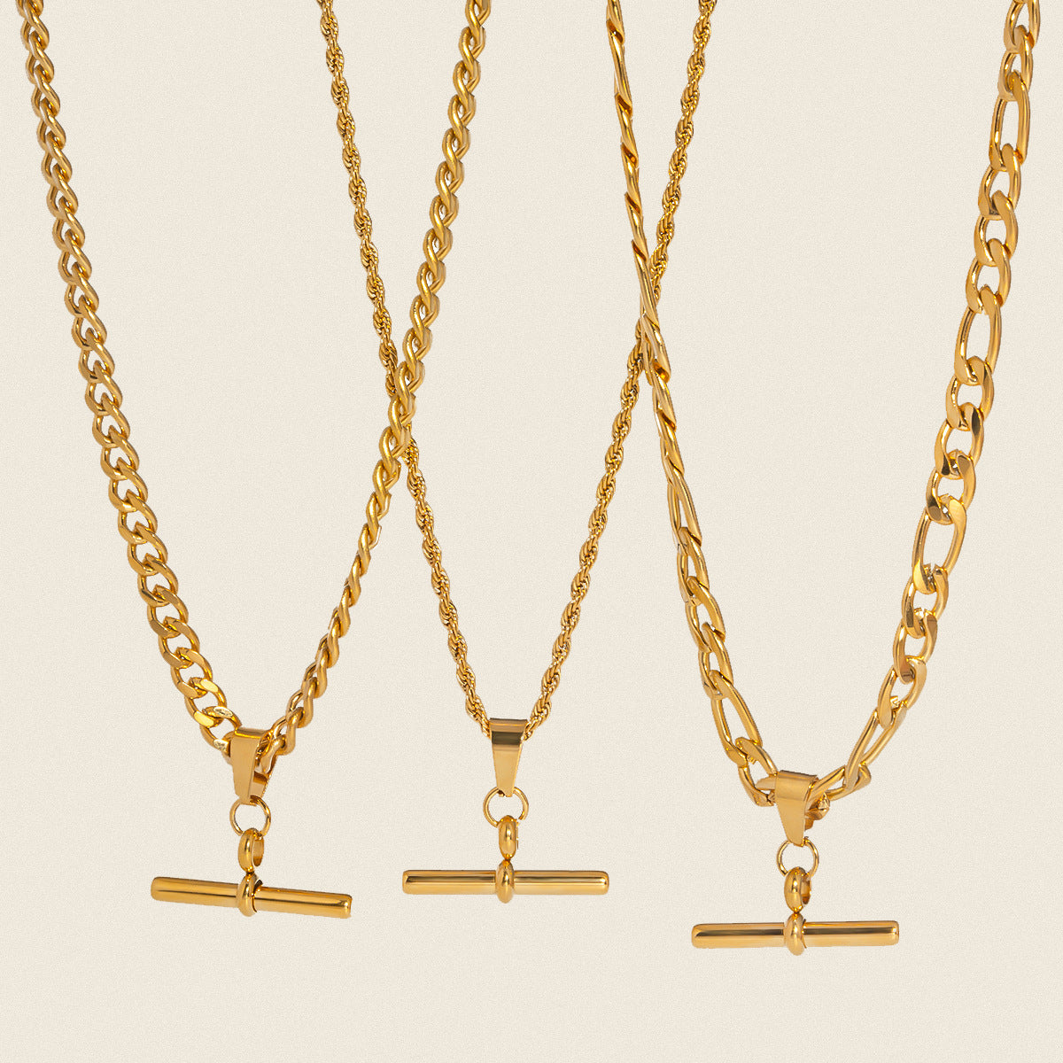 Hip Hop Punk Stainless Steel T-Bar Pendant Fried Dough Twists Chain Cuban Chain Necklace