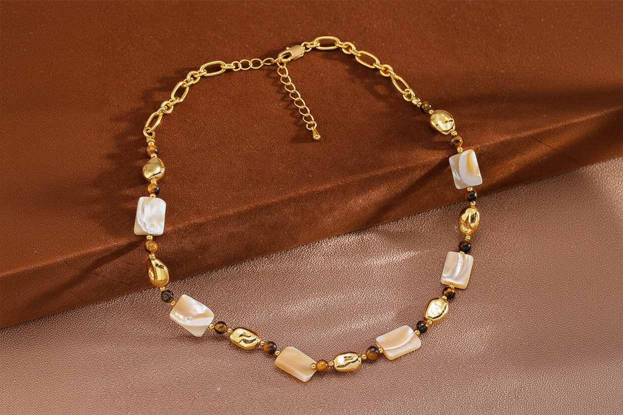 Natural Shell Tiger Eye Stone Beaded Necklace  Luxury Niche Design Clavicle Chain  Necklace