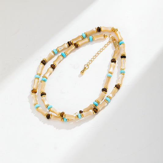Natural Shell & Tiger Eye Beaded Necklace – French Retro Clavicle Chain