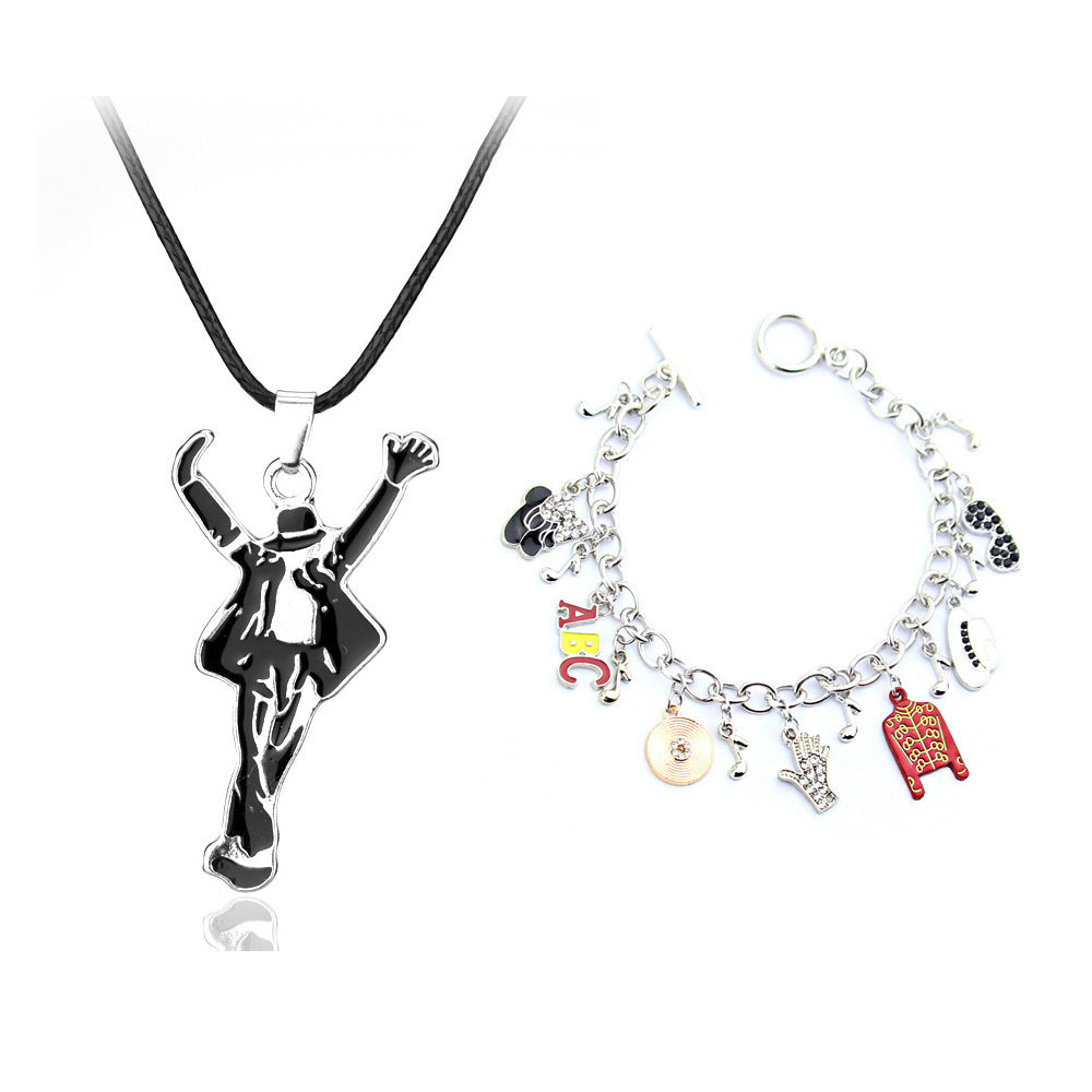 World Dance King Michael Jackson Themed Bracelet Set with Cool Dance Pose Necklace Jewelry