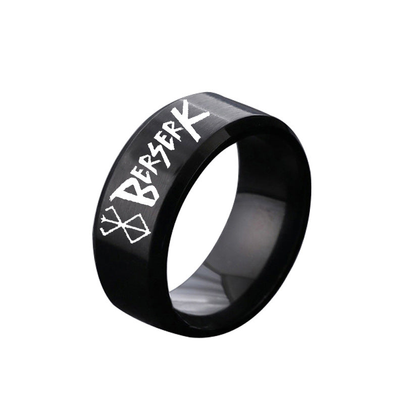 European and American Style Berserk Anime Series Laser Engraved Ring with Logo Design