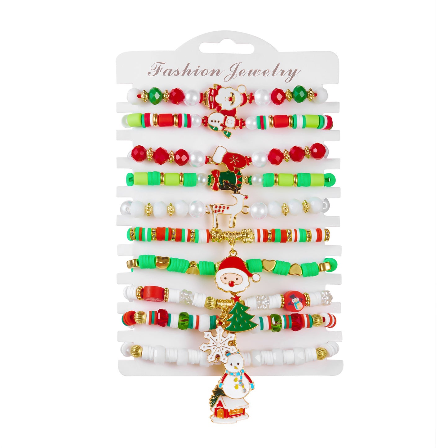 Style Christmas Bracelet Set with Soft Clay Crystal Santa Claus Pendant and Letter Beads, 10-Piece Pack for Wholesale