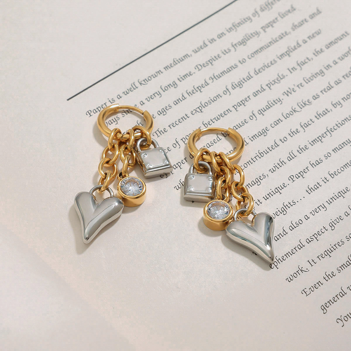 18K gold stainless steel heart-shaped zircon pendant earrings
