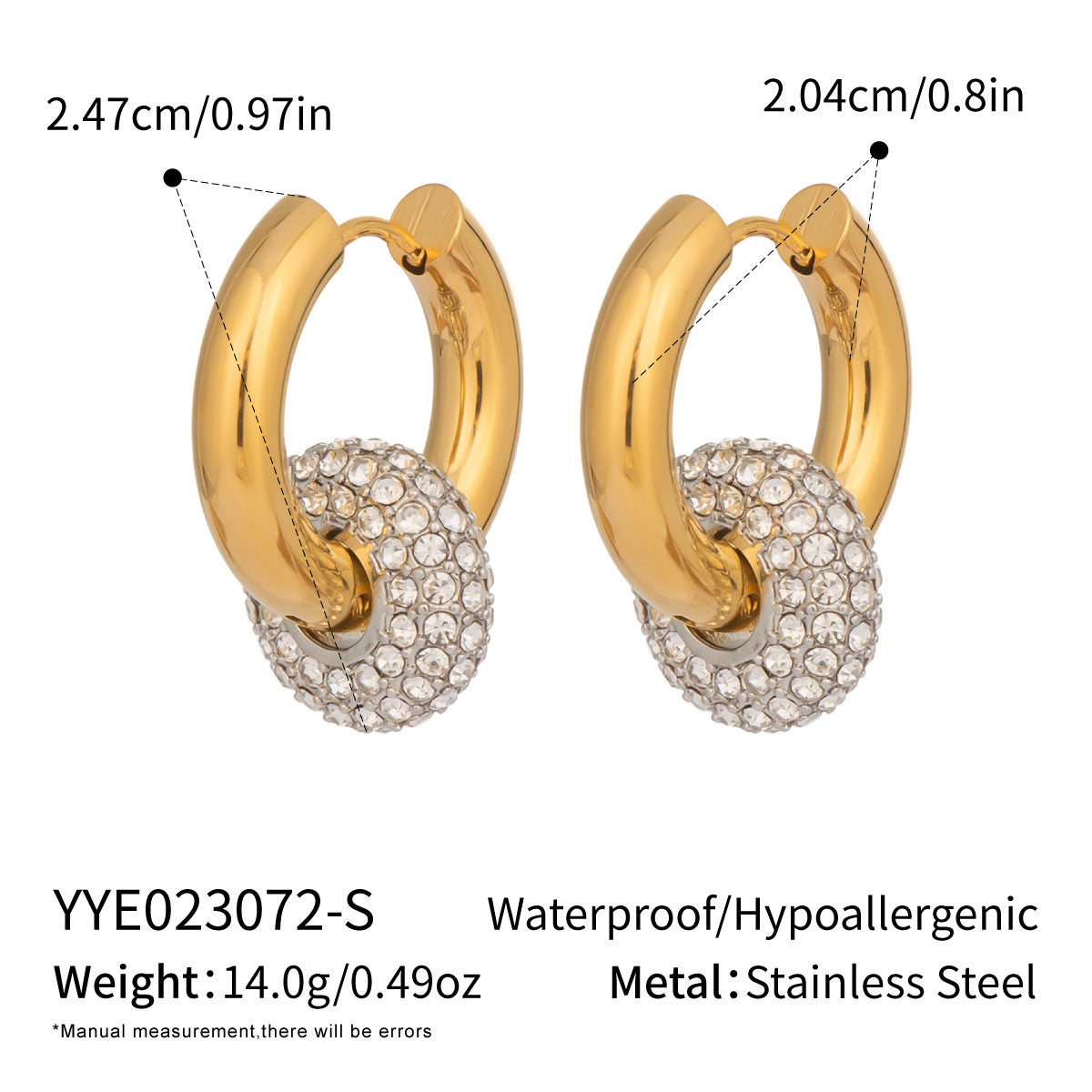 18K gold stainless steel full diamond detachable earring accessory