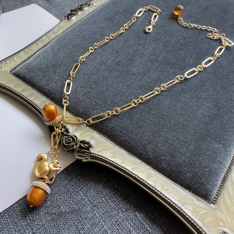 Vintage Rustic Squirrel Climbing Tree Orange Pinecone Necklace Animal Sweater Chain