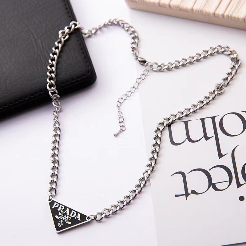 Fashionable Minimalist Letter Inverted Triangle Choker Necklace with Unique Design, Unisex Titanium Steel Chain