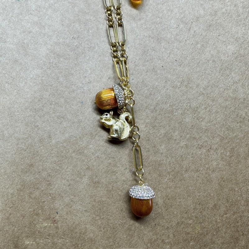 Vintage Rustic Squirrel Climbing Tree Orange Pinecone Necklace Animal Sweater Chain