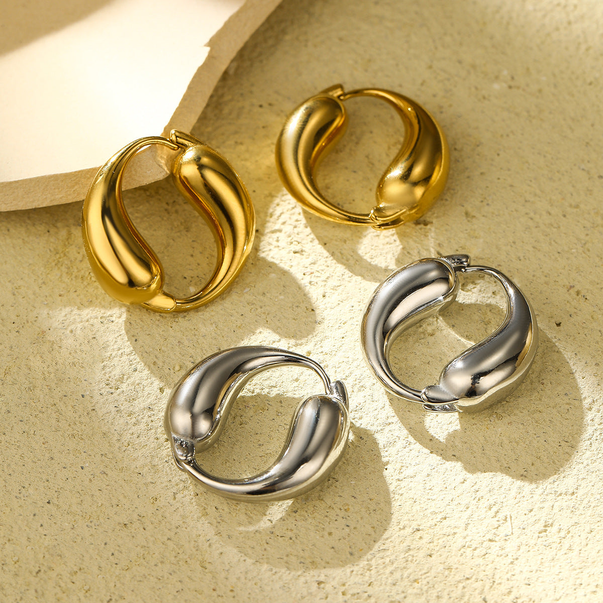 Creative O-shaped Stainless Steel Earrings with Gold Finish, Two Teardrop Loop Titanium Steel Hoop Earrings