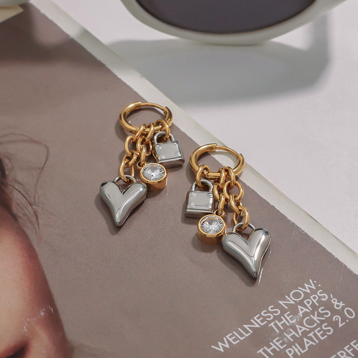 18K gold stainless steel heart-shaped zircon pendant earrings