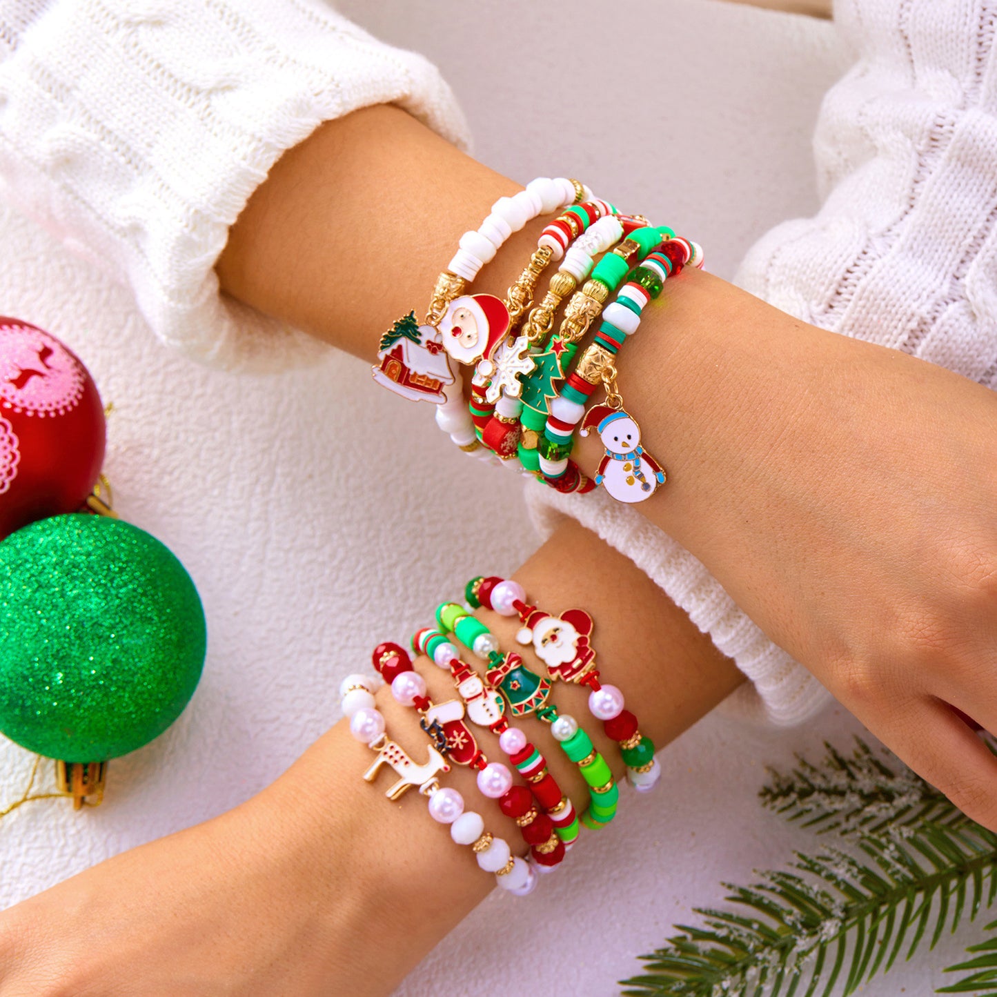 Style Christmas Bracelet Set with Soft Clay Crystal Santa Claus Pendant and Letter Beads, 10-Piece Pack for Wholesale