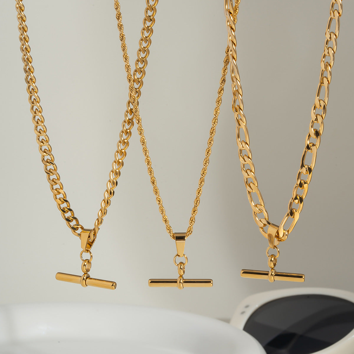 Hip Hop Punk Stainless Steel T-Bar Pendant Fried Dough Twists Chain Cuban Chain Necklace