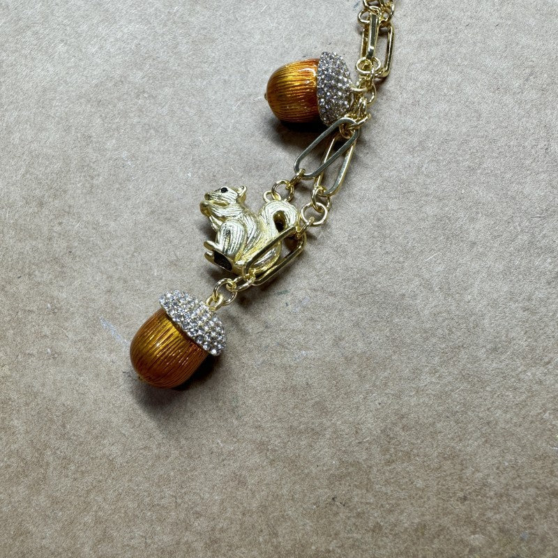 Vintage Rustic Squirrel Climbing Tree Orange Pinecone Necklace Animal Sweater Chain