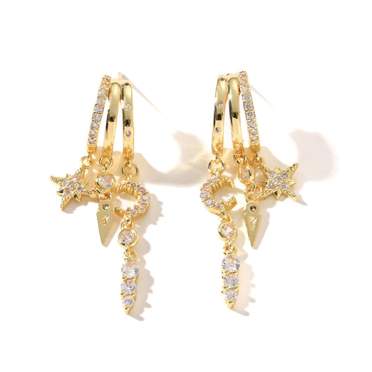 Star and Moon Asymmetric Earrings Set of 3, Cubic Zirconia Stud and Clip-On Earrings