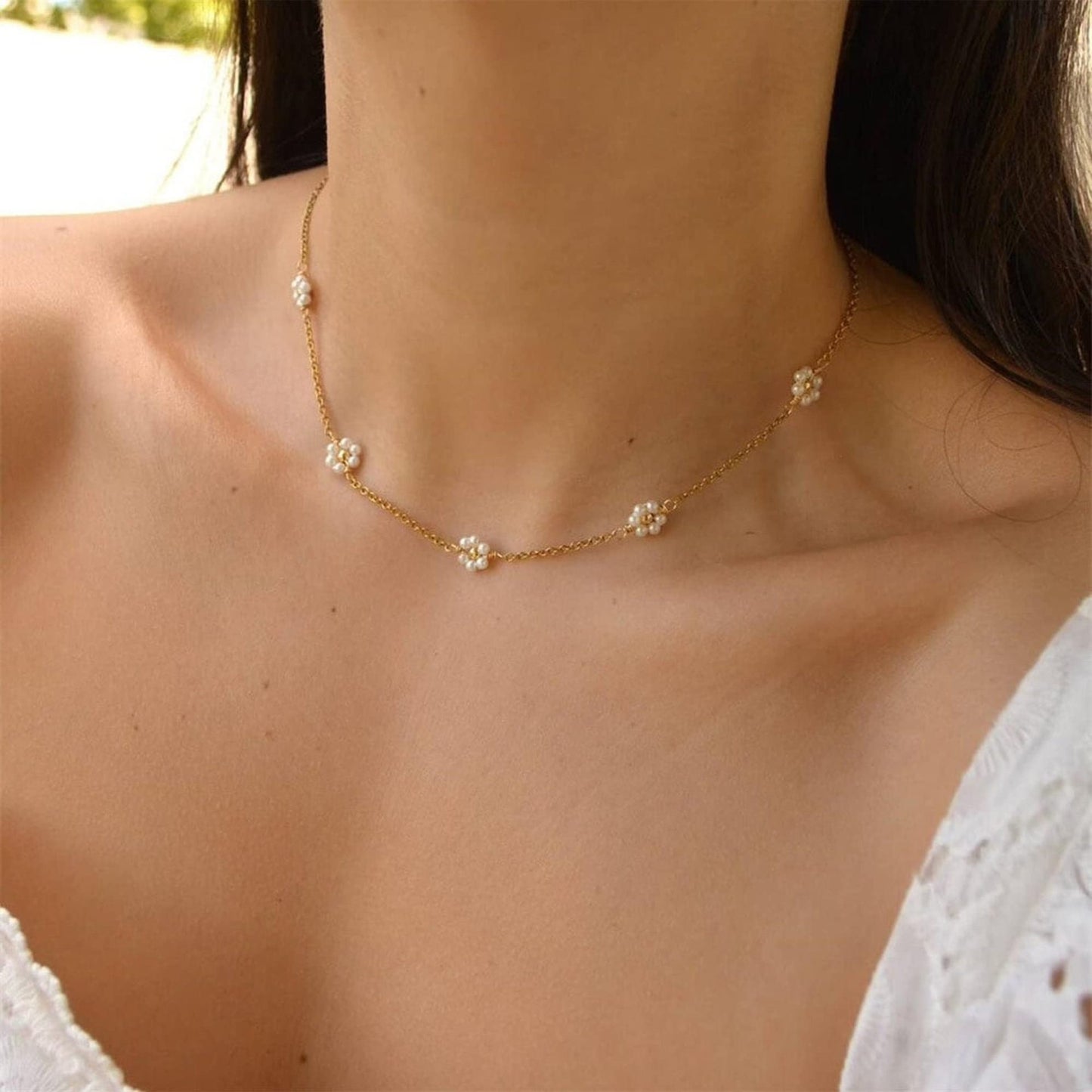 5 flower necklaces pearl collarbone chains