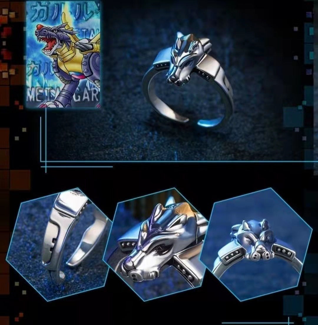 Classic Digimon Ring, Tyrannomon Sword, Metal Garurumon, Anime, Thai Silver Couple Rings for Men and Women