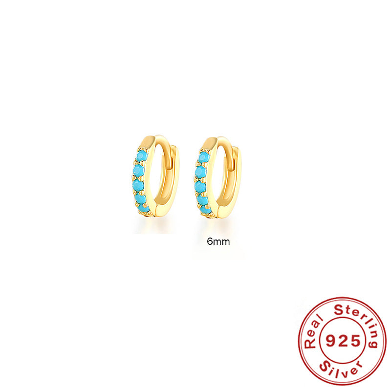 S925 Sterling Silver Circle Earrings with Turquoise and Diamond Inlay 18K Gold Plated Stud Earrings Jewelry
