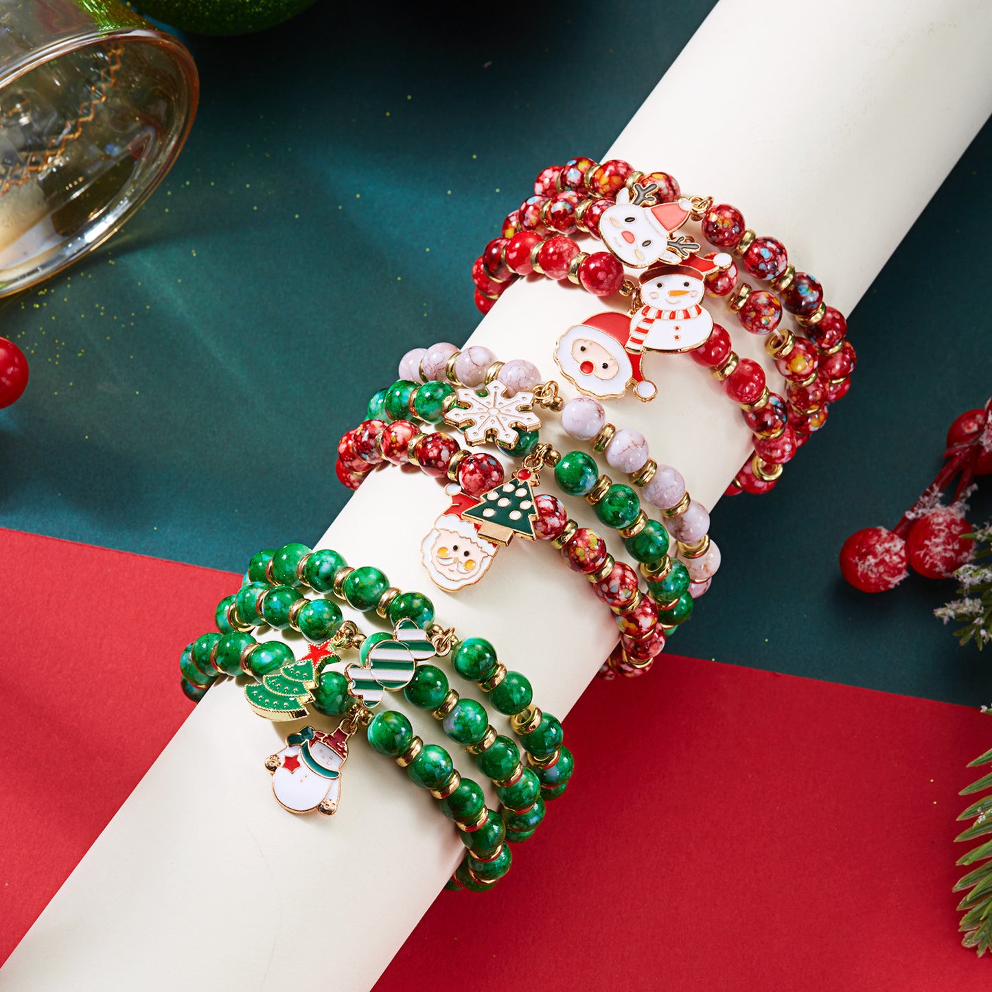 Creative Colorful Santa Claus Snowman Reindeer Beaded Stackable Bracelet Fashion Gift
