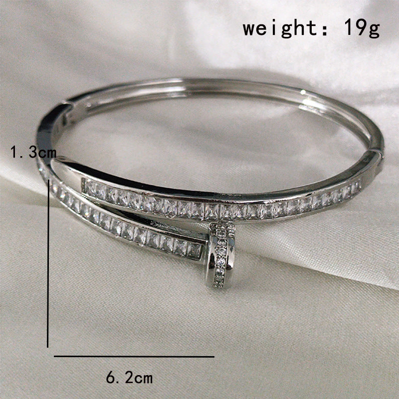 High Version V Gold Classic Full Rhinestone Stud Bracelet with Diamond-Encrusted Ends, Thick 18K Rose Gold Plated, Luxury Couple Bracelet