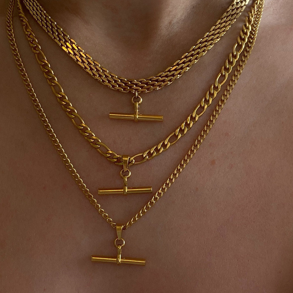 Hip Hop Punk Stainless Steel T-Bar Pendant Fried Dough Twists Chain Cuban Chain Necklace