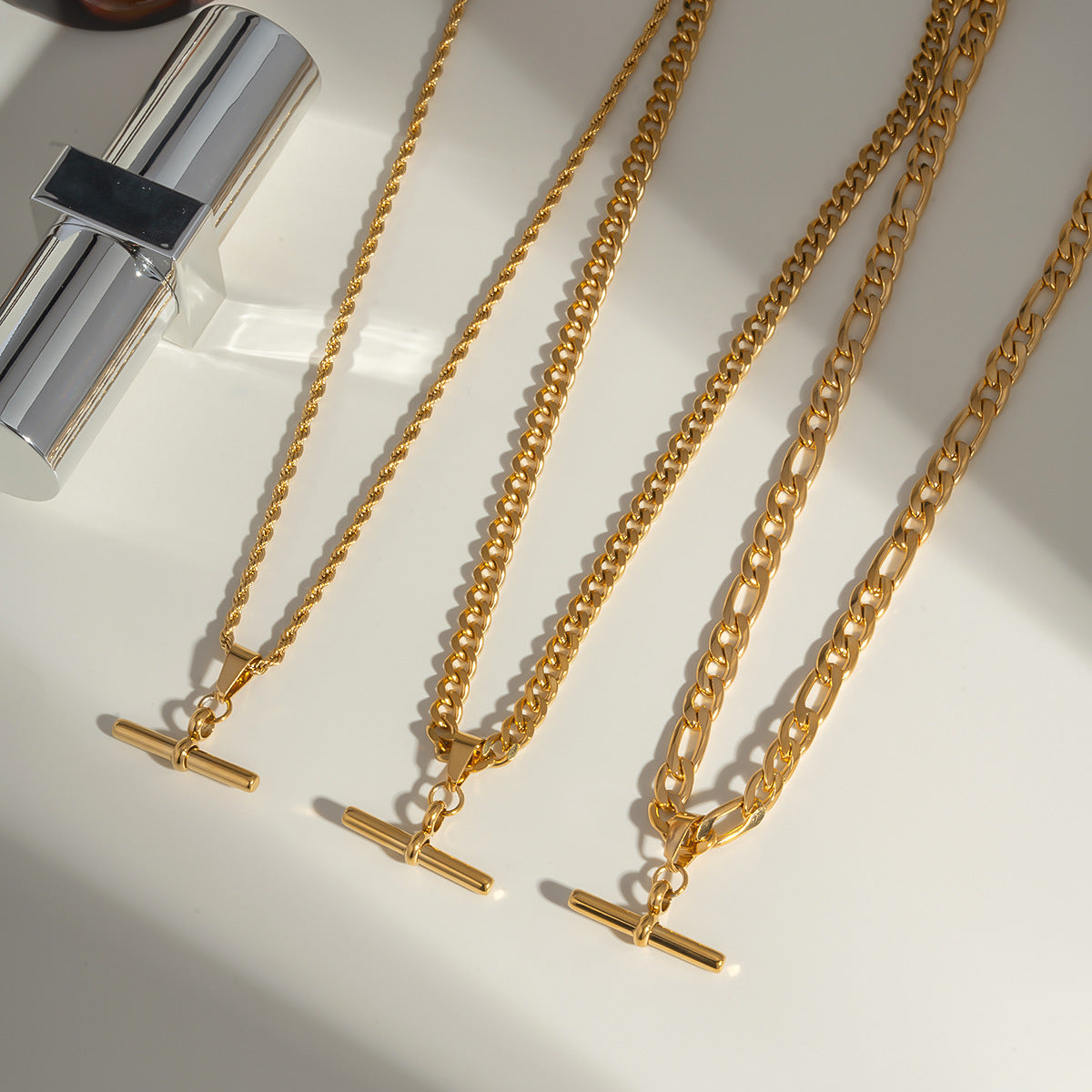 Hip Hop Punk Stainless Steel T-Bar Pendant Fried Dough Twists Chain Cuban Chain Necklace