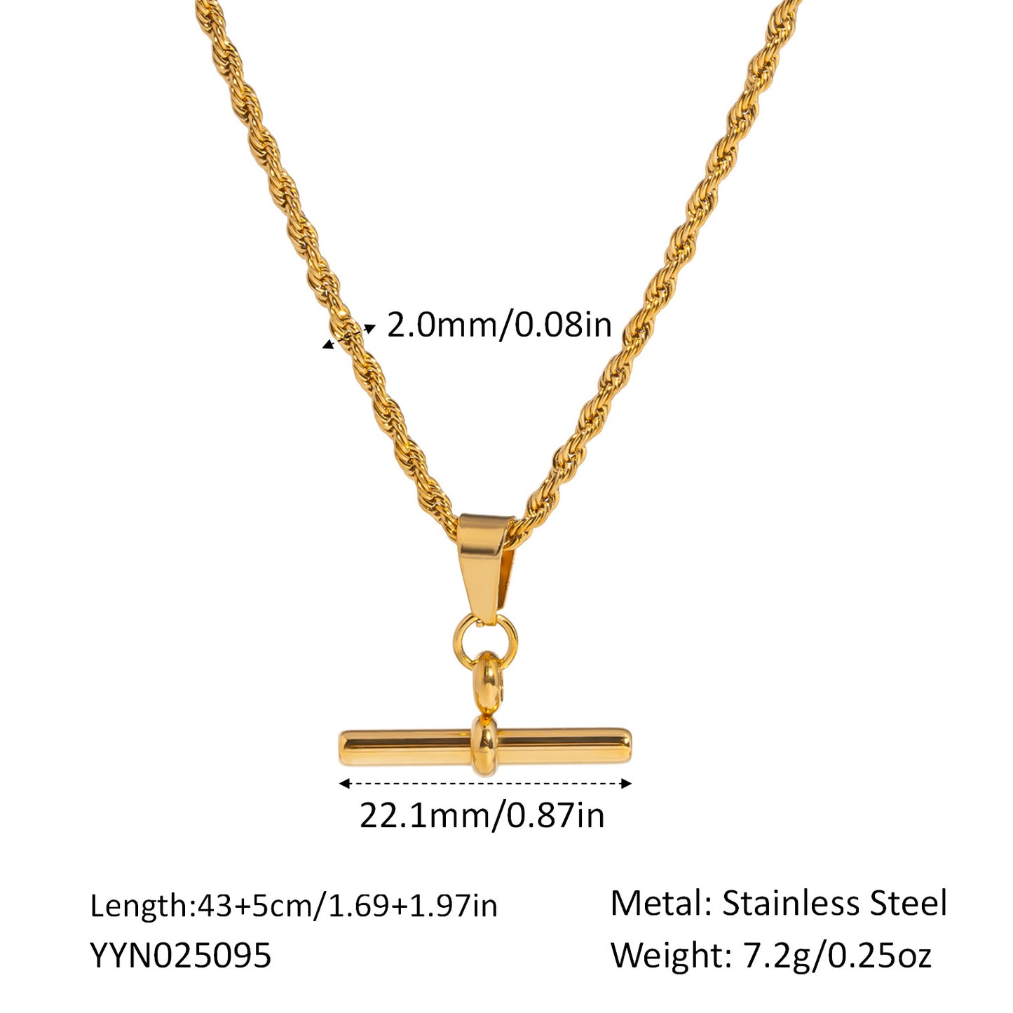 Hip Hop Punk Stainless Steel T-Bar Pendant Fried Dough Twists Chain Cuban Chain Necklace